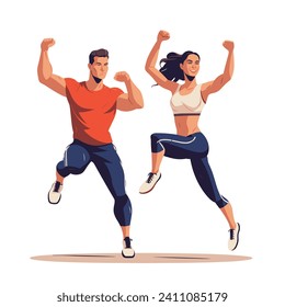 Fit man and woman jumping with raised fists, showing strength and joy. Energetic exercise motivation vector illustration. Excited workout couple, fitness victory.