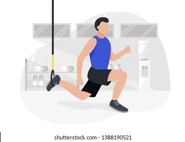 Fit man working out on trx doing bodyweight exercises. Fitness strength training workout.