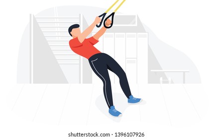 Fit man working out on trx doing bodyweight exercises. Fitness strength training workout.