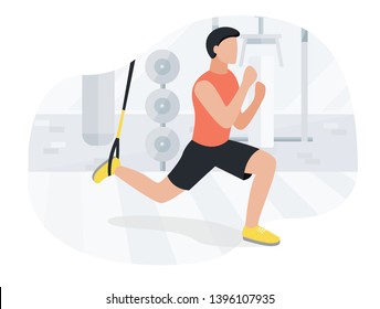 Fit man working out on trx doing bodyweight exercises. Fitness strength training workout.