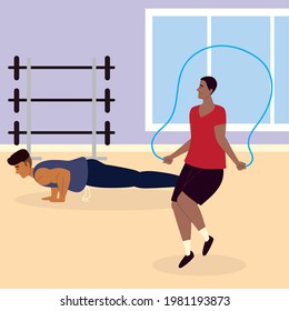 fit men exercising in a gym cartoon