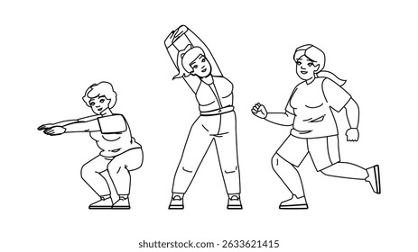 fit overweight woman fitness vector. fat health, exercise lifestyle, weight healthy fit overweight woman fitness character. people black line pencil drawing illustration