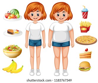 Fit and overweight woman with food illustration