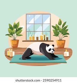 A fit panda in a yoga studio, stretching in the cobra pose, plants and candles around for a soothing atmosphere, clean vector illustration