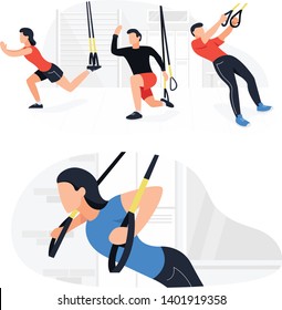 Fit people working out on trx doing bodyweight exercises. Fitness strength training workout.