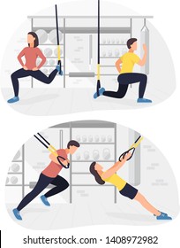 Fit people working out on trx doing bodyweight exercises. Fitness strength training workout.