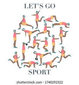 Fit person make exercise in sportswear. Active and healthy lifestyle concept. Sports competition indoor workout athletic. Flat vector illustration people bundle set