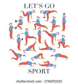 Fit person make exercise in sportswear. Active and healthy lifestyle concept. Sports competition indoor workout athletic. Flat vector illustration people bundle set
