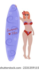 Fit redhead woman with a sailboard colorful illustration