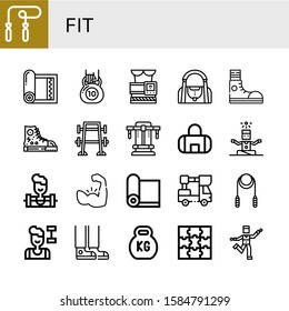 fit simple icons set. Contains such icons as Skipping rope, Yoga mat, Kettlebell, Slimming belt, Gym bag, Sneakers, Bench press, Yoga, Weighlifter, can be used for web, mobile and logo