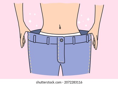 Fit slim woman in loose big pants show results of diet or sport activities. Toned skinny female demonstrate thin waist after losing weight. Wellness, healthcare concept. Flat vector illustration. 