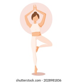 Fit slim young woman doing tree asana flat illustration. Active young woman working out. Female character doing balance sport exercise