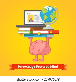 Fit, smart and trained brain lifting books full of knowledge. Education and studying concept. Flat vector icon.