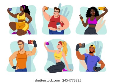 Fit sport. Athlete gym. Active woman and man posing for photos. Fitness exercise. Happy sportsman. Muscle body. Selfie phone in mirror. Guy training. Healthy lifestyle. Athletic workout vector set