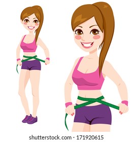 Fit sporty woman in sports top and shorts measuring her waist after exercising and diet