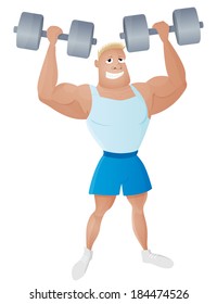 Fit strong and healthy man weightlifter with a dumbbells in the muscular hands. Smiling sportsman bodybuilder character design. Athlete isolated vector illustration. 