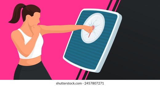 Fit strong woman punching and breaking a weighing scale: weight loss and fitness concept