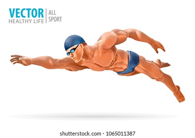 Fit swimmer training in the swimming pool. Professional male swimmer inside swimming pool. Butterfly stroke. A man dives into the water. Vector illustration