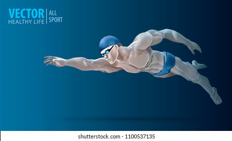 Fit swimmer training in the swimming pool. Professional male swimmer inside swimming pool. Butterfly stroke. A man dives into the water. Vector illustration