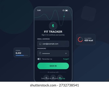 Eine Fit-Tracker-App-Schnittstelle zeigt einen Anmeldebildschirm für Benutzer an. Es zeigt Schrittzahl, E-Mail-Eingabe, Passwortfeld und Kalorienzufuhr auf dunklem Hintergrund.