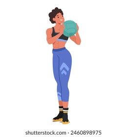 Fit Woman In Athletic Attire, Skillfully Handling Medicine Ball. Her Focused Demeanor And Strong Physique Highlight Her Commitment To Strength Training And Overall Fitness. Cartoon Vector Illustration