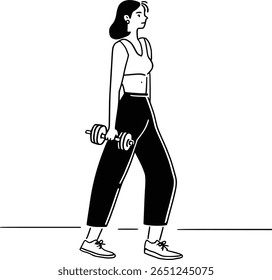 A fit woman carrying a heavy dumbbell as part of her gym routine. Simple vector character for illustrating weightlifting and body conditioning.