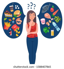 Fit woman choosing between healthy and unhealthy food. Healthy lifestyle concept. Woman chooses between fast food and healthy live food. Diet concept. Flat vector illustration.