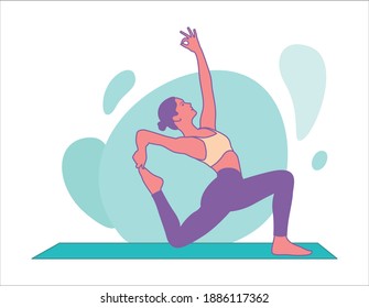Fit woman doing yoga workout One-Legged King Pigeon Pose with arm up
