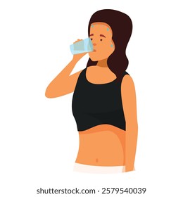 Fit woman drinking a glass of fresh water after training, feeling thirsty and dehydrated