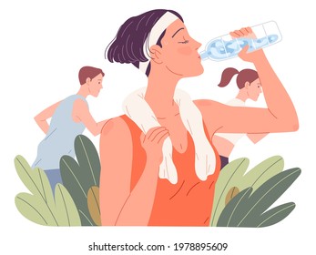 Fit woman drinking water. Girl drinks during run in summer