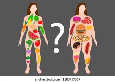 Fit woman eating healthy green vegetables food or fat girl eating fast food. Diet or eating unhealthy problem question mark concept. Eps 10 Vector illustration, Flat style modern design.