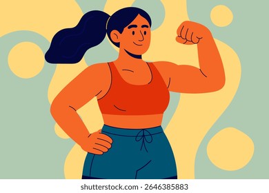 Fit woman flexing bicep, showing strength and confidence after workout