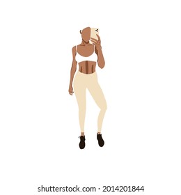 Fit Woman In Gym Athletic Clothing. Girl Takes Mirror Selfie With A Smartphone. Abstract Feminine Vector Illustrations. Summer Trendy Simple Icons. Instagram Post, Business Advertisement, Flyer Design