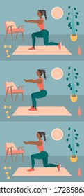 Fit woman make exercise at home in sportswear. Active and healthy lifestyle concept. Sports competition indoor workout athletic. Flat vector illustration in room with furniture. Trendy simple interior
