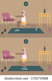 Fit woman make exercise at home in sportswear. Active and healthy lifestyle concept. Sports competition indoor workout athletic. Flat vector illustration in room with furniture. Trendy simple interior