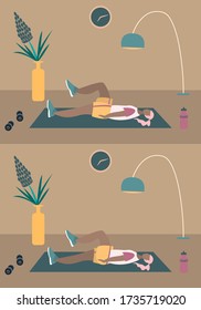 Fit woman make exercise at home in sportswear. Active and healthy lifestyle concept. Sports competition indoor workout athletic. Flat vector illustration in room with furniture. Trendy simple interior