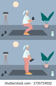Fit woman make exercise at home in sportswear. Active and healthy lifestyle concept. Sports competition indoor workout athletic. Flat vector illustration in room with furniture. Trendy simple interior