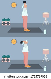 Fit woman make exercise at home in sportswear. Active and healthy lifestyle concept. Sports competition indoor workout athletic. Flat vector illustration in room with furniture. Trendy simple interior