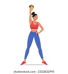 Una Mujer En Forma Que Realiza Ejercicios Dinámicos Con Un Kettlebell, Carácter Femenino Centrándose En La Fuerza, La Durabilidad Y La Aptitud General Para Un Desafío De Cuerpo Completo. Ilustración de vectores de personas de caricatura