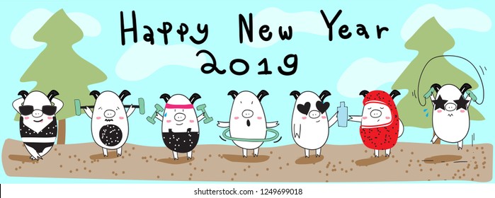 Fit workout pig set cover black and white happy family pigs exercise new year 2019