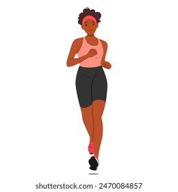 Fit Young African American Woman Jogging Front View. Female Character Wears Pink Tank Top, Black Shorts And Running Shoes Captures The Essence Of Health And Fitness. Cartoon People Vector Illustration