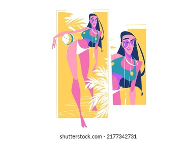 Fit young girl on beach vector illustration. Woman in swimsuit with ball flat style. Summertime, vacation, beach volleyball game concept