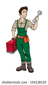 Fit Young handyman cartoon holding wrench and tool box, vector illustration