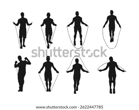 Fit Young man Skipping Rope silhouette. A teenage man skipping with a jump rope vector. Fitness instructor sports exercise. A man athlete skipping rope. Silhouettes isolated on a white background.