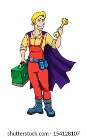 Fit Young Super handyman with a cape, holding wrench and tool box, vector illustration