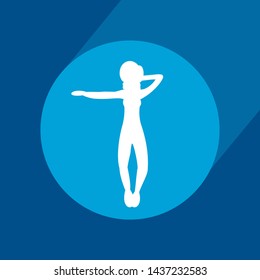 Fit young woman doing exercises  for body warming. Icon with long shadow and flat vector symbol.