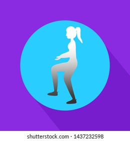 Fit young woman doing exercises  for body warming. Icon with long shadow and flat vector symbol.