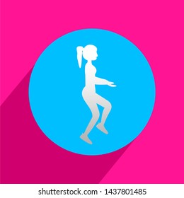 Fit young woman doing exercises  for body warming. Icon with long shadow and flat vector symbol.