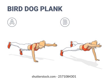 A fit young woman performing the Bird Dog Plank exercise guide, balancing in a plank position, extending her right arm and left leg. Focuses on core stability, strength, and fitness.