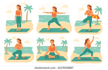 Fit young woman practicing yoga poses on the beach with ocean waves and palm trees. Flat vector illustration in soft summer colors. White background